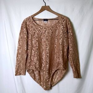 VTG Resource Womens Sheer Floral Lace Long Sleeve Bodysuit Plus Size 18/20 Beige